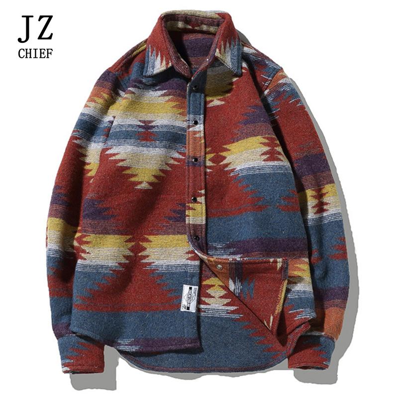 Japanese Style Men Shirt Fashion Hip Hop Plaid Woolen Long Sleeve Shirts Male Streetwear Oversize Casual Camisa Men's