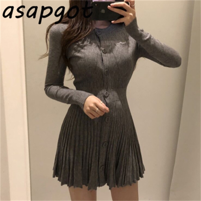 Round Neck Single Breasted Slim Pleated High Waist Temperament Knitted Dress Women Mini Korean Chic Autumn Sweater Vestidos 210429