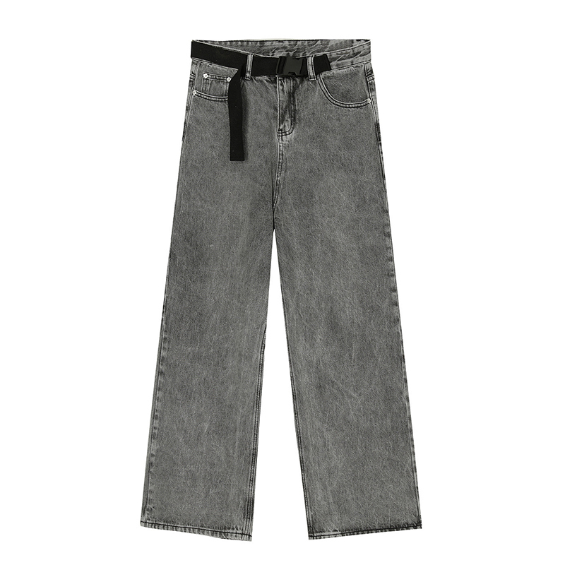 IEFB Loose Straight Wide Leg Pants With Belt Black Grey Jeans For Men Causal Loose Vintage Streetwear Denim Trousers 210524