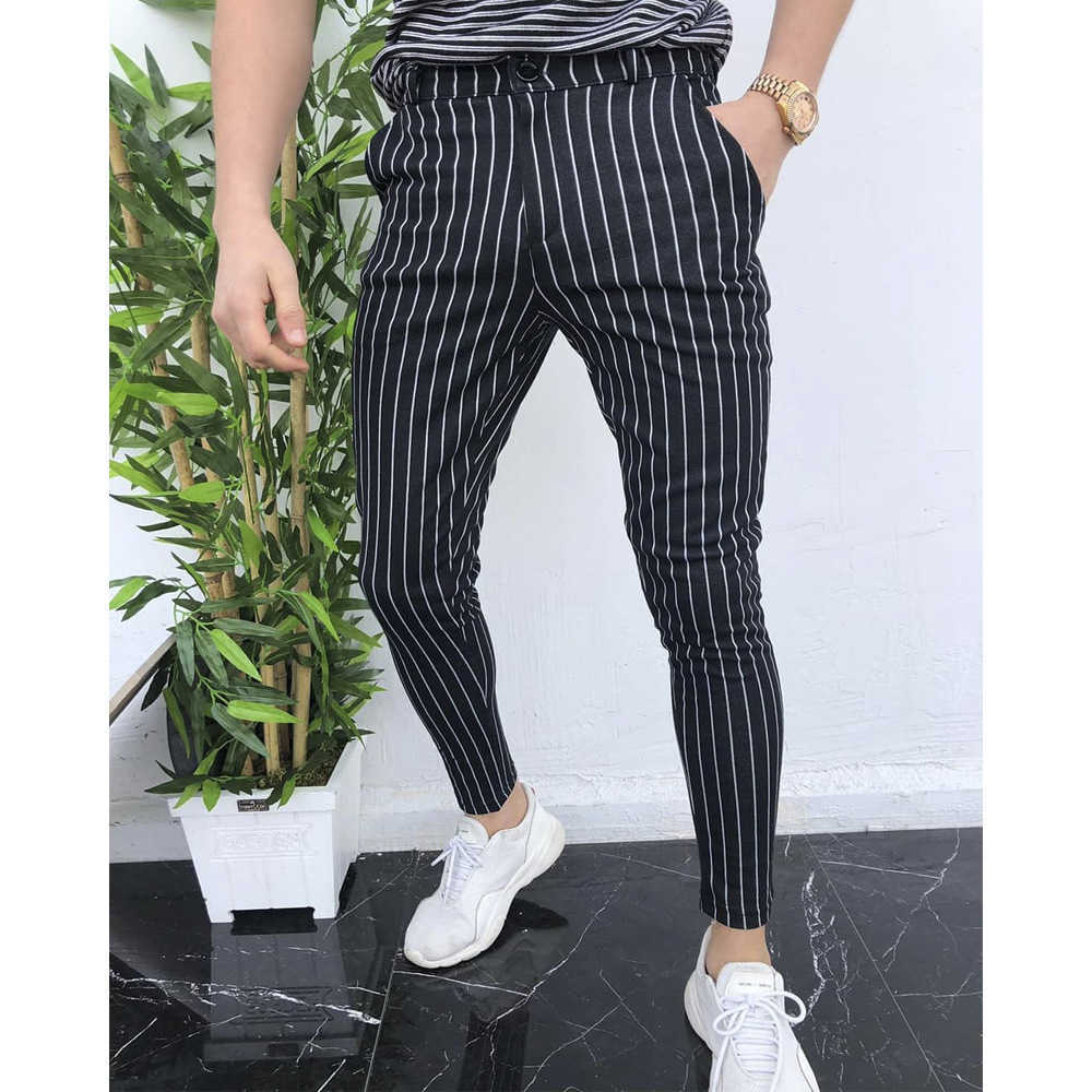 Fashion Men's Slim Fit Stripe Business Formal Pants Casual Office Skinny Long Straight Joggers Sweat Pants Trousers Y0811