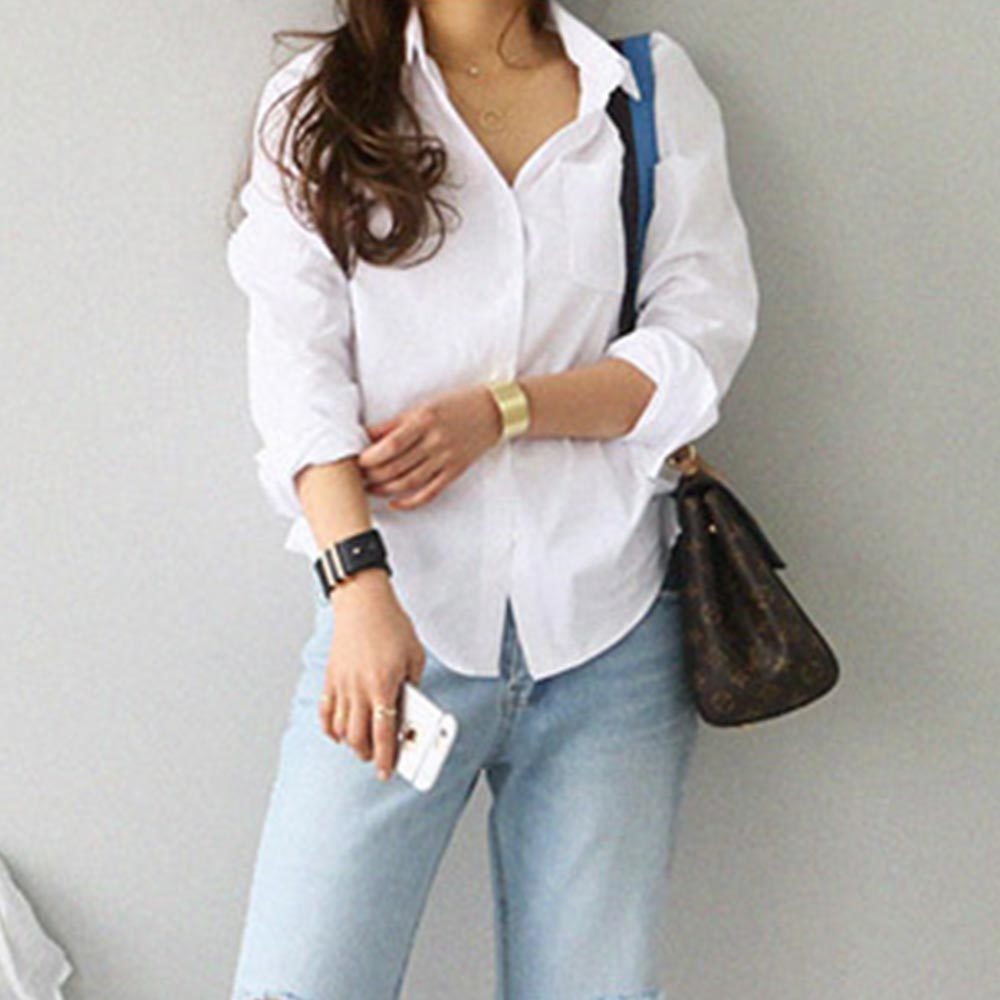 Spring One Pocket Women White Shirt Female Blouse Tops Long Sleeve Casual Turn-down Collar OL Style Loose Blouses 210428