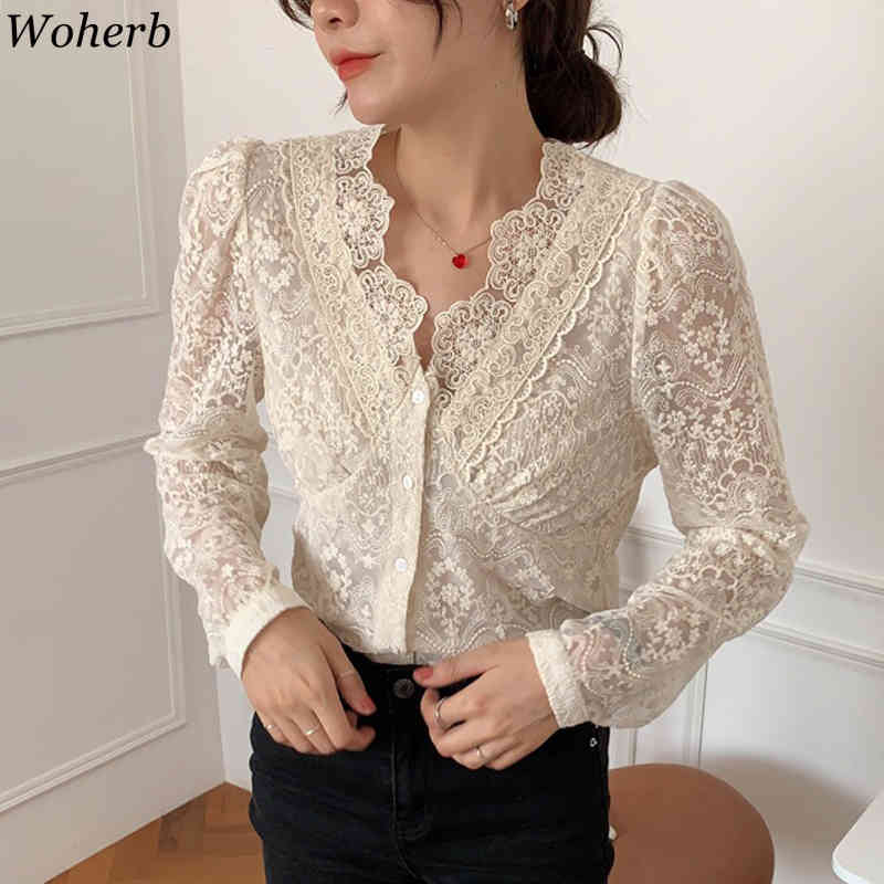 Korean Chic Blouse Women Temperament V-neck Heavy Lace Crochet Floral Shirt See Through Tops Blusas Mujer De Moda 210519
