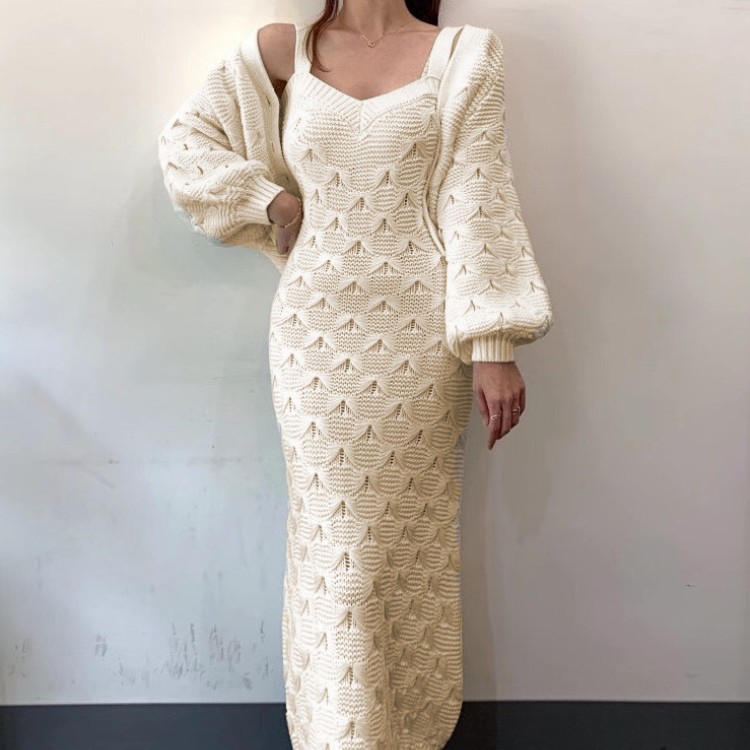 2 Piece Set Korea Women Jacquard Knitted Single-Breasted Lantern Sleeve Short Sweater Coat + Sexy Spaghetti Strap Dress Suit 210519