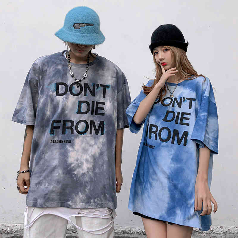 IEFB Tie Dyed Letter Printed Short Sleeve T-shirt For Men Summer Blue Clothing Oversized Streetwear Hip Hop Tee Tops 210524