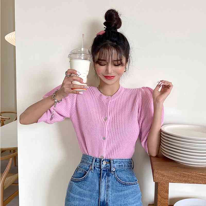 Short Knitted Cardigan Summer Puff Sleeve O-neck Knitwear Tops Causal Single Breasted Women Sweater Coat 6F219 210603
