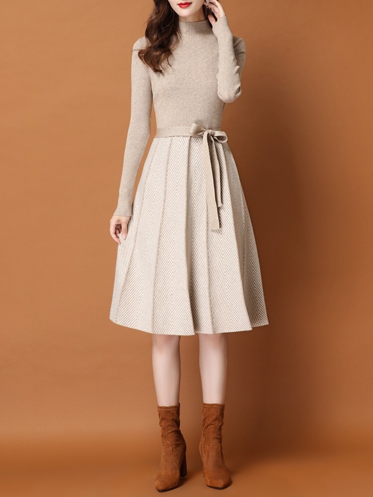 Vintage Elegant Knitted Sweater Pleated Dresses Winter Women Long Sleeve Office Lady Casual Midi Vestido Da Festa 210520