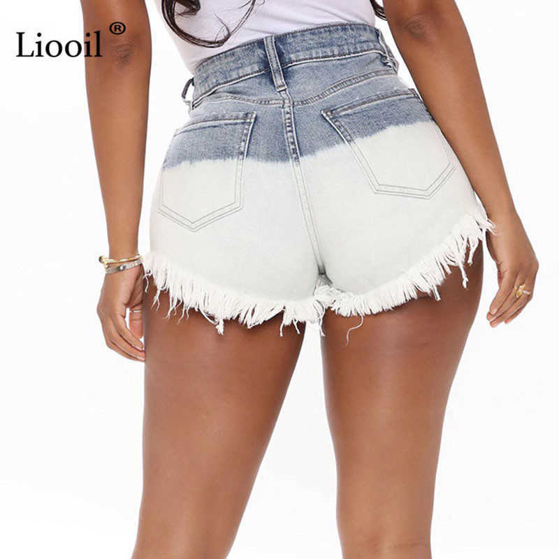 Liooil Patchwork Hole High Waisted Ripped Short Jeans with Tassel Women Button Zipper Pockets Washed Distressed Sexy Shorts 210714