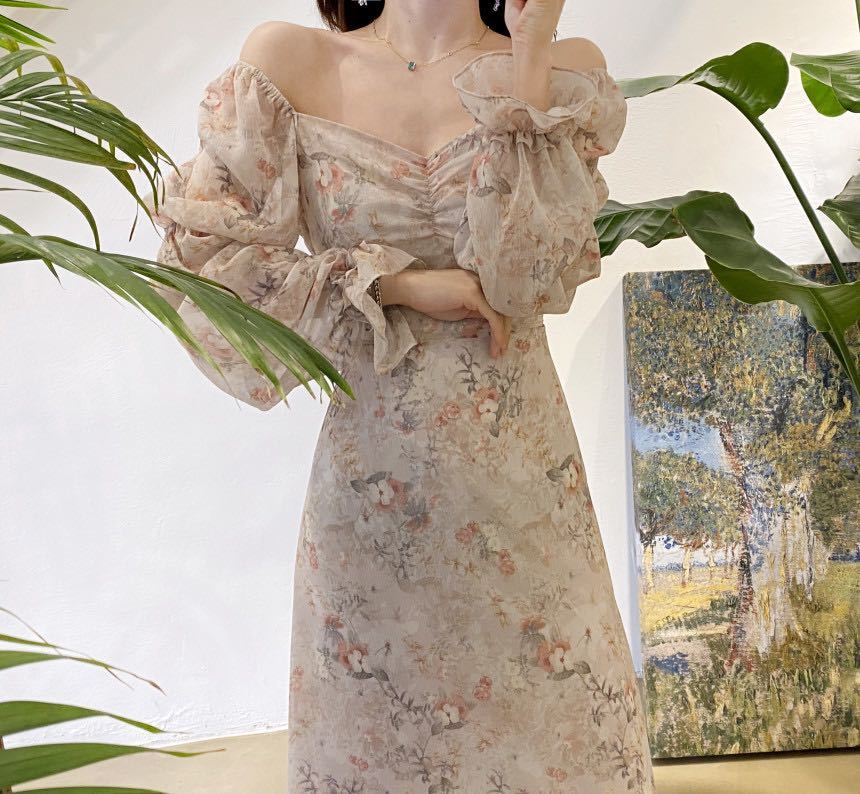 Korean Sweet Romantic Floral Print Dresses Chiffon Puff Sleeve V-neck Chic Vestidos Vintage Elegant Pleated Dress 25535 210422