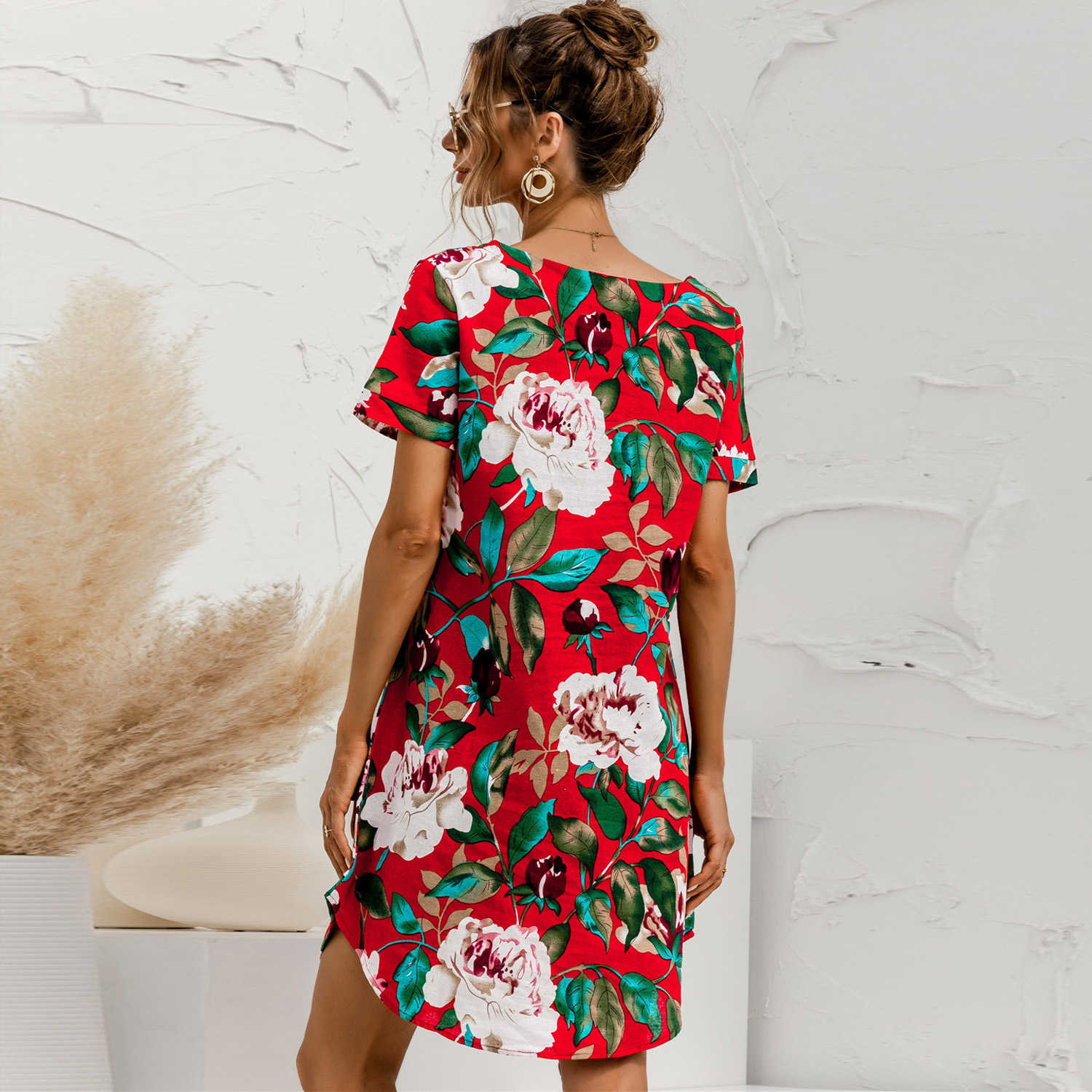 Vintage Floral Print Cotton Linen Dress Summer Women's Casual O Neck Short Sleeve Loose Straight Mini Dresses Vestidos Plus Size 210526