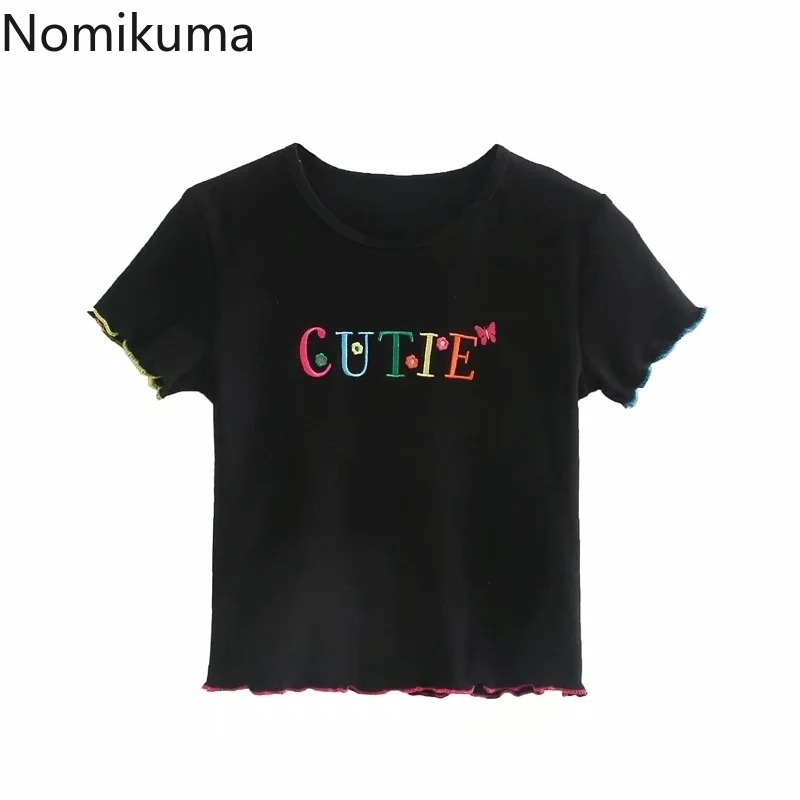 Nomikuma Spring Summer Women T-shirts Korean Letters Embroidery Cute Shirt Fashion Short Sleeve O-neck Graphic Tees 6E124 210427