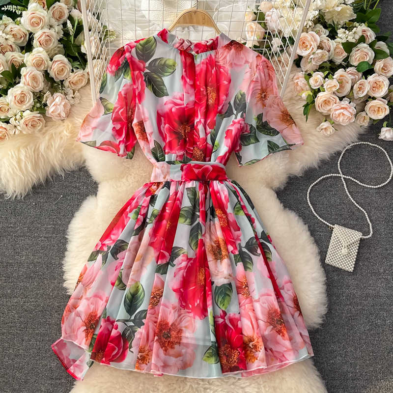 DEAT Women Prinitng Belt Dress Round Neck Short Sleeve Arrivals Lady Temperament Fashion Spring Summer 11D1404 210709