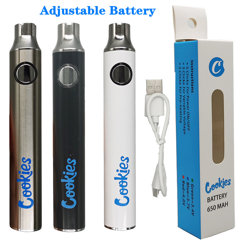 Cookies Battery 650mAh Vape pen Adjustable Variable Voltage 510 Thread Batteries Preheating Cartridge Packaging with USB Charger Allow Customize Logo
Cookies Battery 650mAh Vape pen Adjustable Variable Voltage 510 Thread Batteries Preheating Cartridge Packaging with USB Charger Allow Customize Logo
