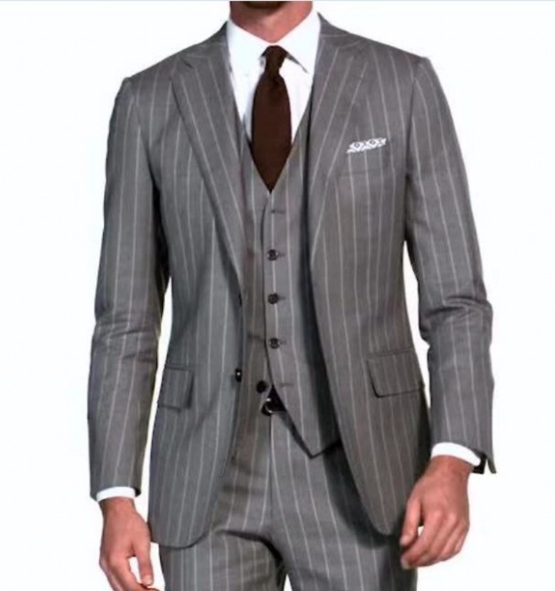 Latest Design Two Buttons Grey Strips Groom Tuxedos Notch Lapel Wedding/Prom/Dinner Groomsmen Men Suits Blazer (Jacket+Pants+Vest+Tie) W1327