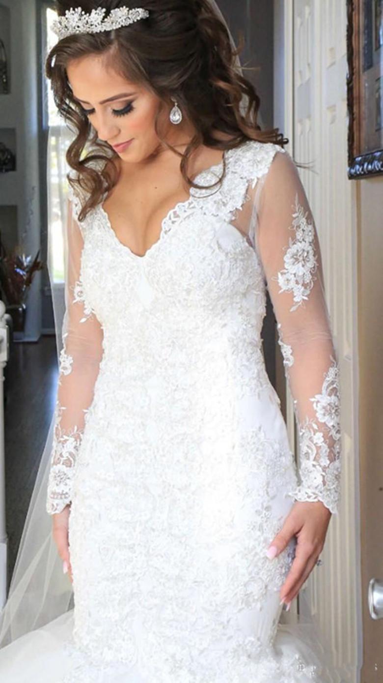 Long Sleeves Mermaid Wedding Dresses Bride Gown Lace Applique Scalloped V Neck Back Sweep Train Tulle Custom Made Plus Size Beaded Vestidos De Novia 4