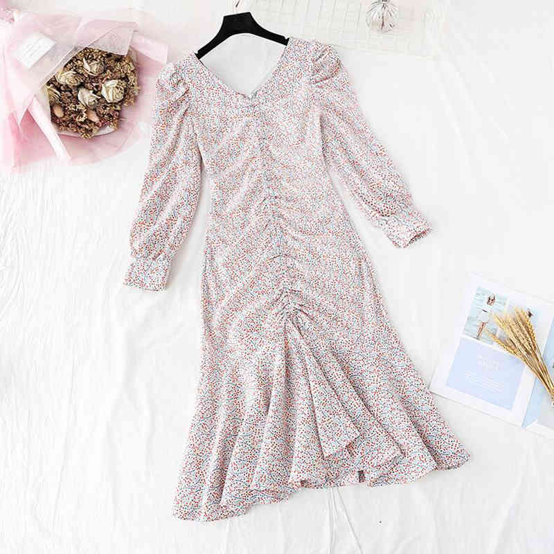 Spring Vintage Floral Chiffon Midi Dress Sexy V-neck Lotus Leaf Fish Tail Dresses Elegant Women Party Long Sleeve Dress 210521