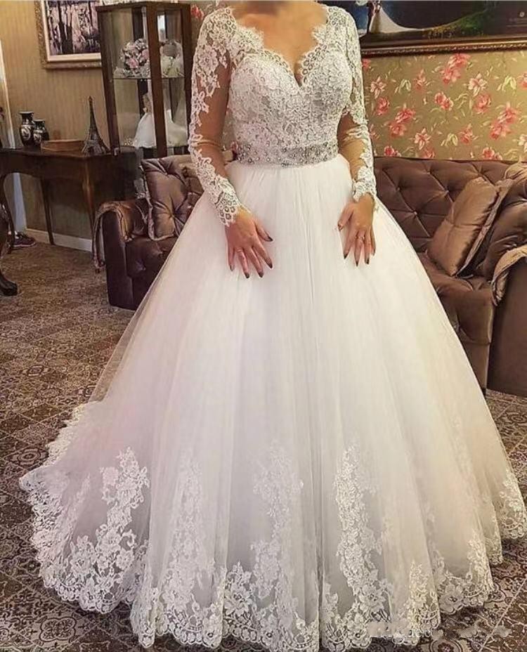 Sheer Long Sleeves Wedding Dresses gowns Scalloped deep V Neck Crystal Beading Waist A Line Floor Length vestidos de novia Lace and Tulle Bridal Gown