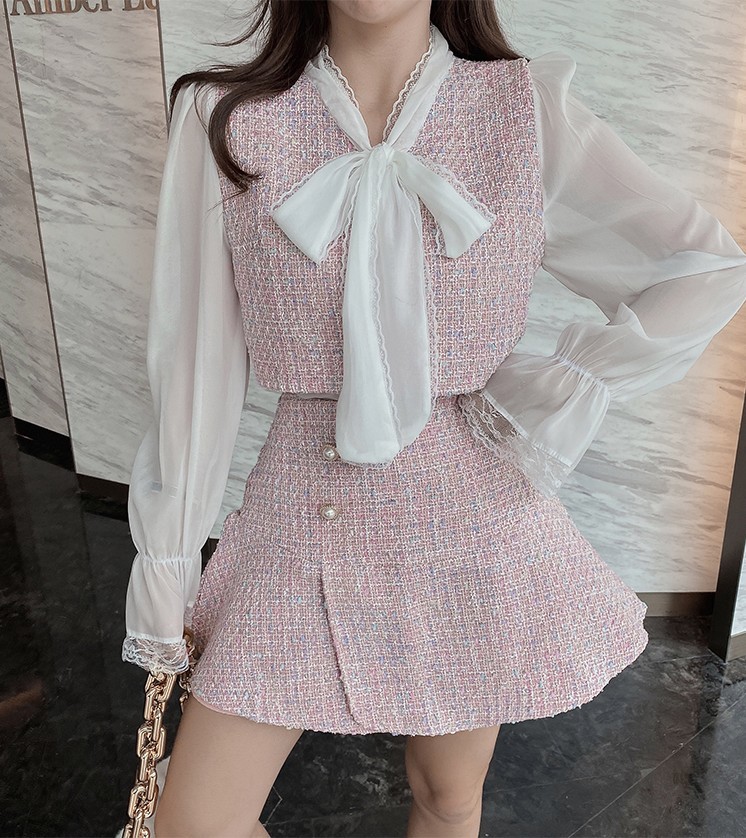 Spring Women 2 Pieces Set Sweet Bow Tie Tweed patchwork Chiffon Flare Long Sleeve Crop Tops + A-line Mini Skirt Suit 210519