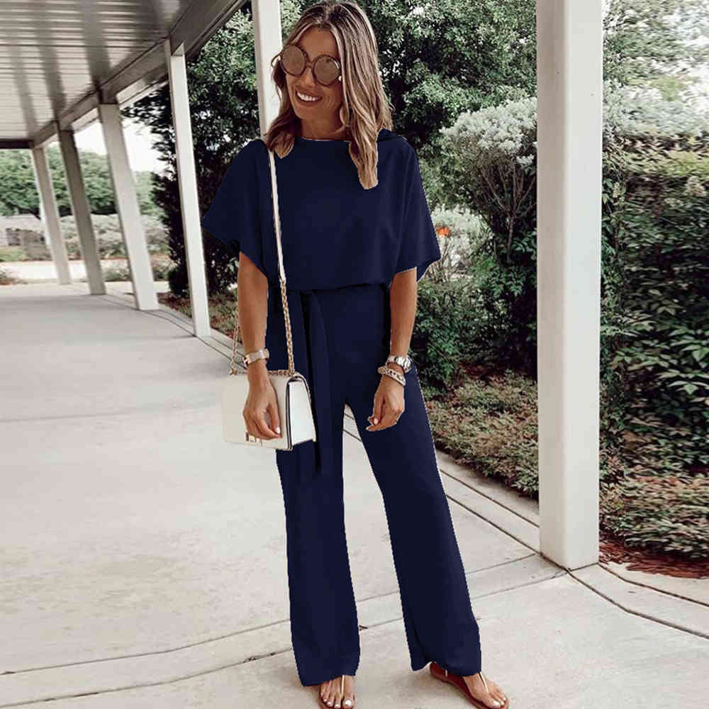 Women Jumpsuit Casual O Neck Short Sleeve Playsuit Elegant Office Lady Wide Leg Overalls Female With Belt Bodysuit Loose Rompers 210522