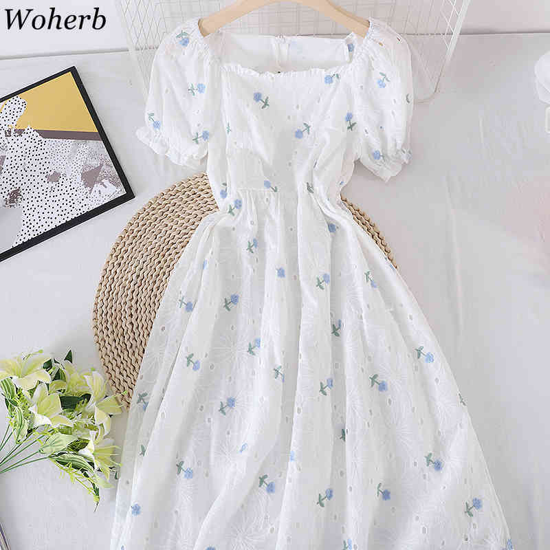Elegant Embroidery Dress Women Summer Slim Temperament Square Collar Vestidos High Waist Sweet Short Sleeve Dresses 210519