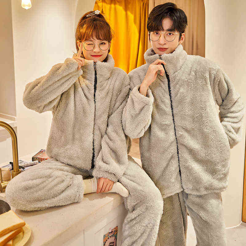 Autumn Winter Warm Flannel Zipper Couple Pajamas Set Women Sleepwear Family Pijama Lover Homewear Cloth Women Casual Men Pyjamas 211118