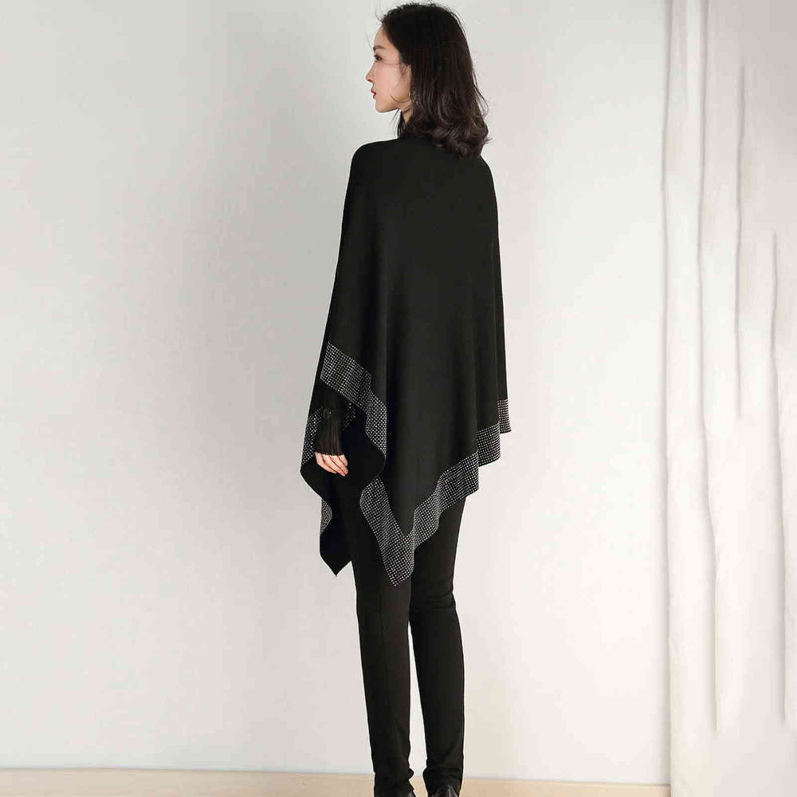 ZJZLL 2021 New Autumn Fashion Winter Diamonds Knit Wool Shawl Cloak Loose Plus Size Solid Woman Poncho Cape Pullover Sweater H1123
