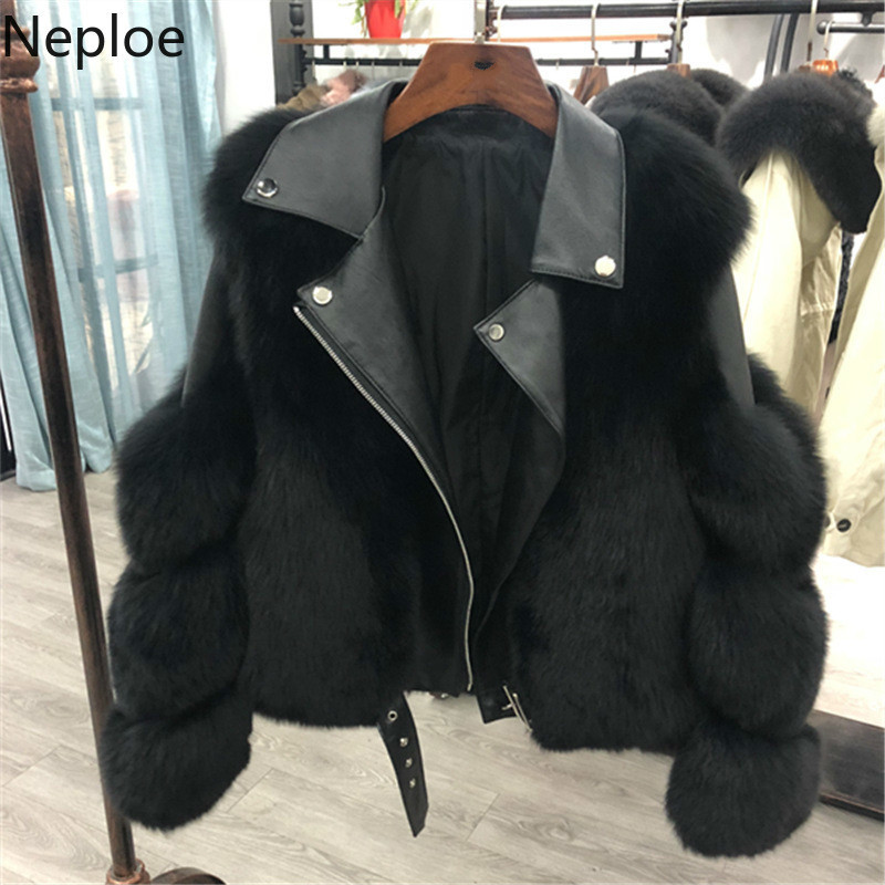 Neploe Autumn Winter Clothes Woman Jacket Faux Fox Fur Patchwork PU Coat Women Streetwear Korean Fashion Short Tops 94482 210422