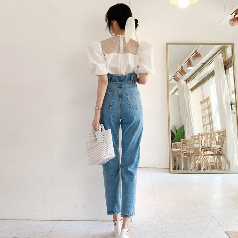 Casual Blouse Women Tops Solid Chic Short Puff Sleeve Korean Blusas Dot Print Mesh Shirt All Match Elegant Blouses 210519