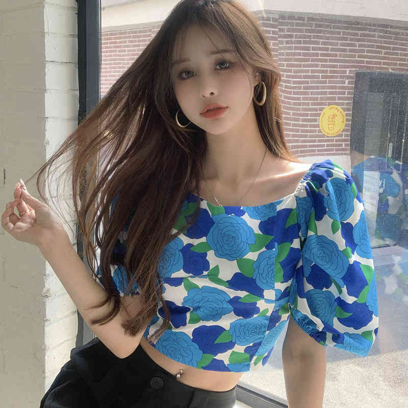 Summer Elegant Shirt Femme Korean Sweet Flower Chiffon Puff Sleeve Short Blouses Women Tops 210518