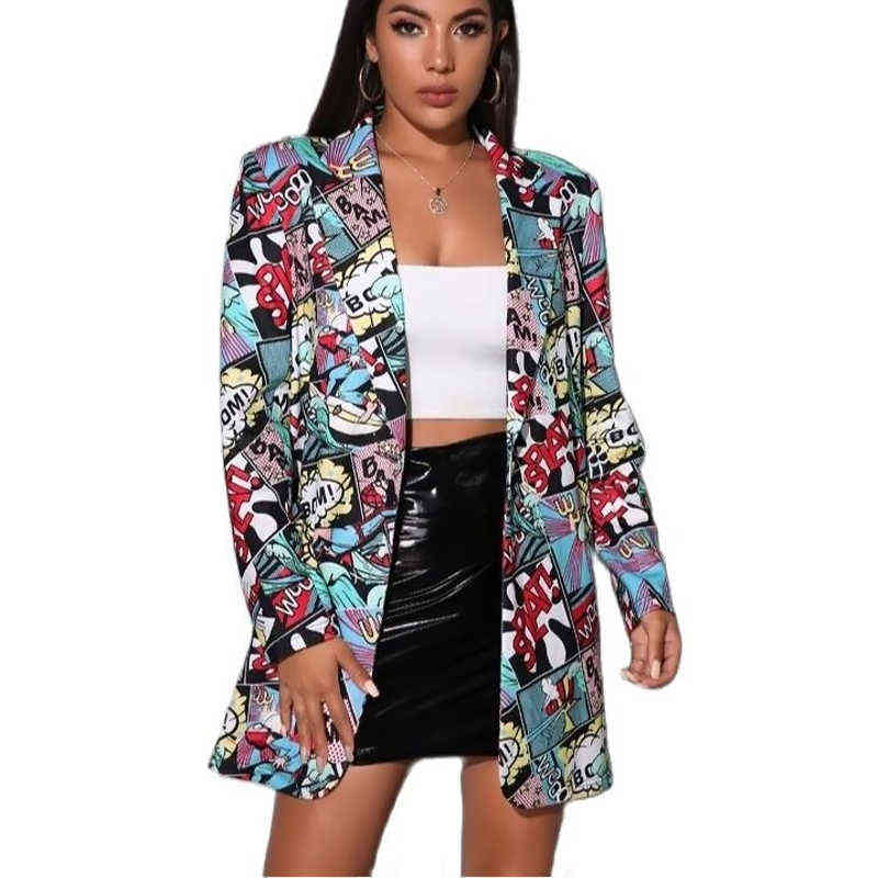 Vintage Letter Irregular Printing Blazer Women Jacket High Street Fashion Fall Plus Size Elegant Lady Coat American Stylish 211122