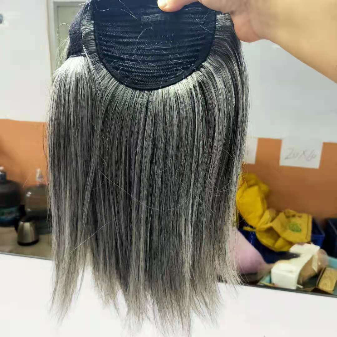 Low sleek gray ponytail extension salt and pepper silver grey bone straight wraps around pony tail hairpiece 100g 120g cutom two tone highlights natur