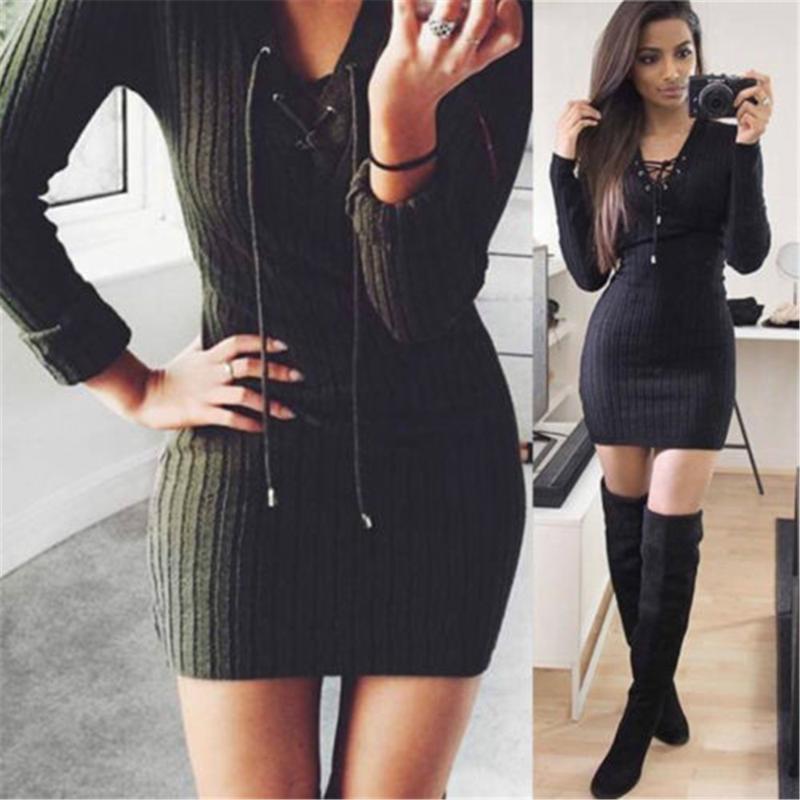 Autumn Slim Winter Short Dress Bandage Long Sleeve Y-Neck Sheath Sexy Bodycon Party Club Solid Women Sweater Dresses Casual