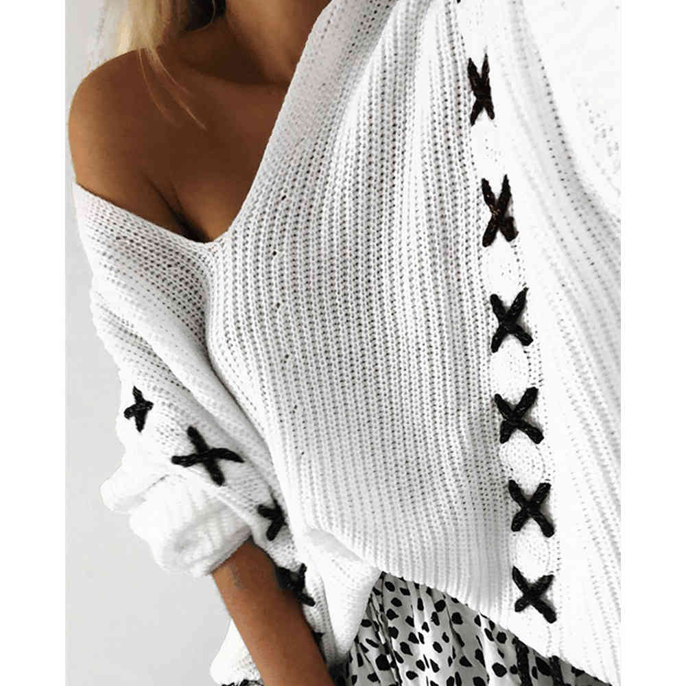 Women Fall Long Sleeve V Neck Knitted Cross Criss Striped White Sweater Causal Off Shoulder Loose Pullovers Jumper 210428