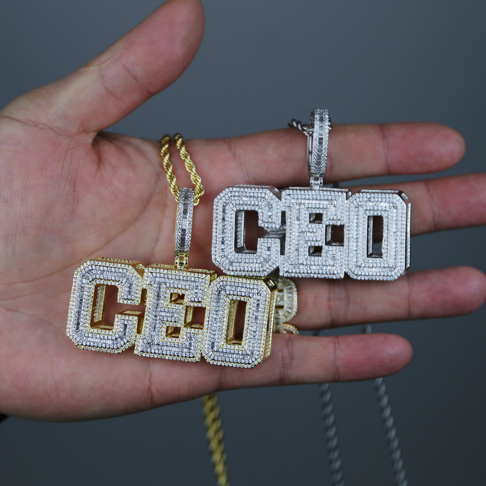New styles hip hop Letter CEO shadow Charm Pendant Necklace with Rope chain Gold Silver Paved Full cz stone Punk styles jewelry wholesale stock