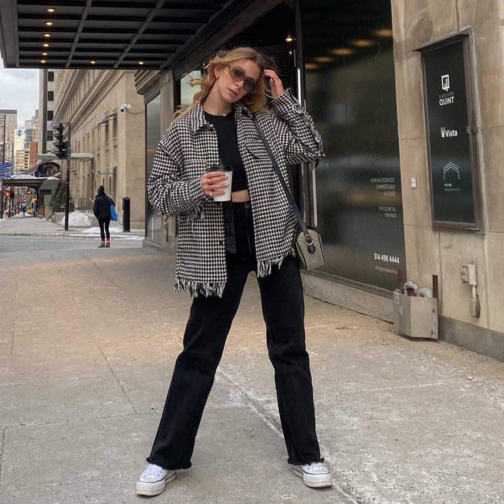 Women Jacket Houndstooth Overshirt Fringe detail Rough edge Chic Lady Fashion Casual Woman Coat Outfits Tops 210709, As picture
Women Jacket Houndstooth Overshirt Fringe detail Rough edge Chic Lady Fashion Casual Woman Coat Outfits Tops 210709, As picture