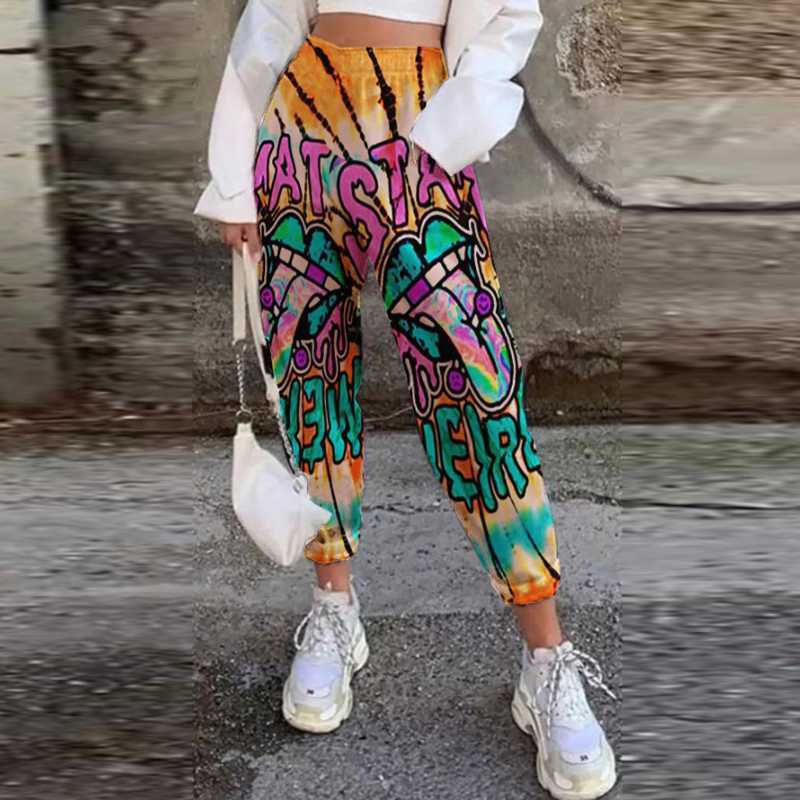 Women Casual Skull Print Patchwork Pants Autumn Elastic Waist Pocket Wide Leg Pants Female Streetwear Plus Size Warm Sweatpants 211006