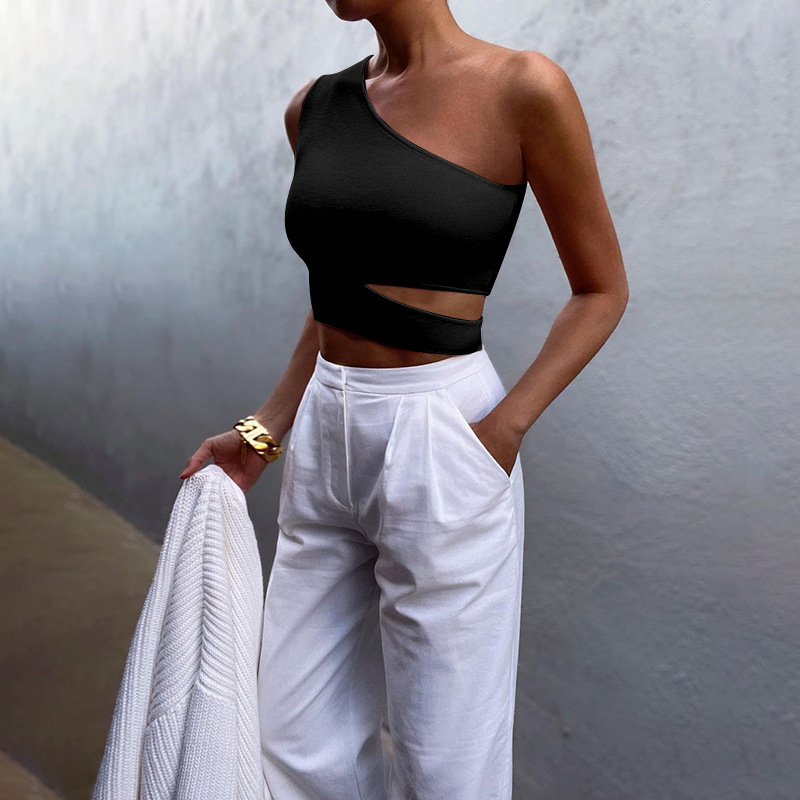 Women Tank Top Asymmetric Hollowed Out Summer Slant Shoulder Backless White Crop s Slim Short Vest Black 210524