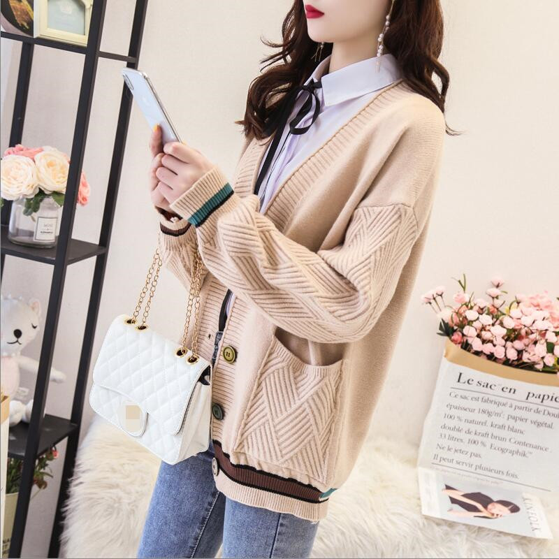 Women Cotton Striped Sweater Female Cardigans Full Sleeve Pockets Casual Loose Button Autumn Winter 210427