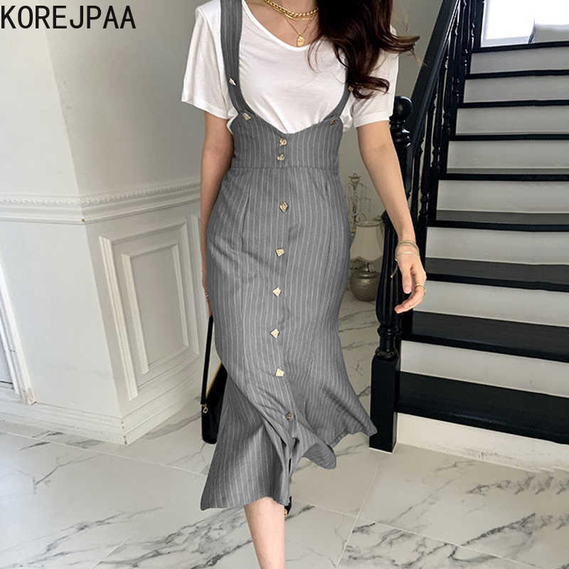 Korejpaa Women Set Summer Korean Chic Elegant V-Neck Short-Sleeved T-Shirt Button Striped Two-Wear Fishtail Suspender Dress 210526, White t-shirt
Korejpaa Women Set Summer Korean Chic Elegant V-Neck Short-Sleeved T-Shirt Button Striped Two-Wear Fishtail Suspender Dress 210526, White t-shirt