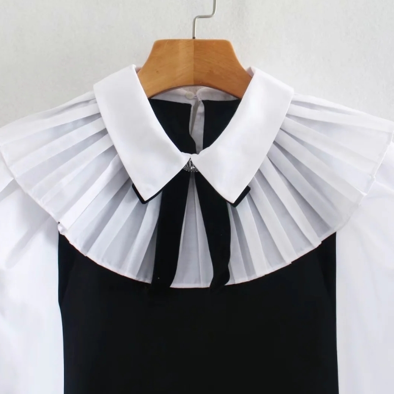Spring Women Bow Tie Black White Splicing Blouse Female Nine Quarter Sleeve Shirt Casual Lady Loose Tops Blusas S8357 210430