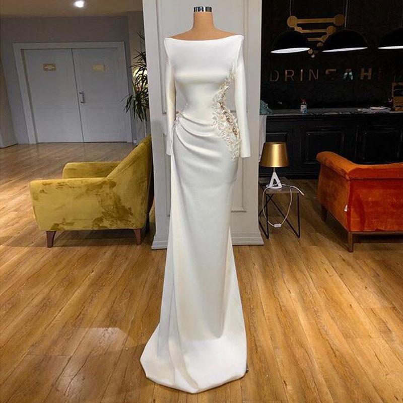 3D Flower Appliqued Evening Dresses Bateau Neck Long Sleeves Chic Beads Lace Mermaid Prom Dress Formal Pageant Marriage Gowns Ruched Satin Custom Made