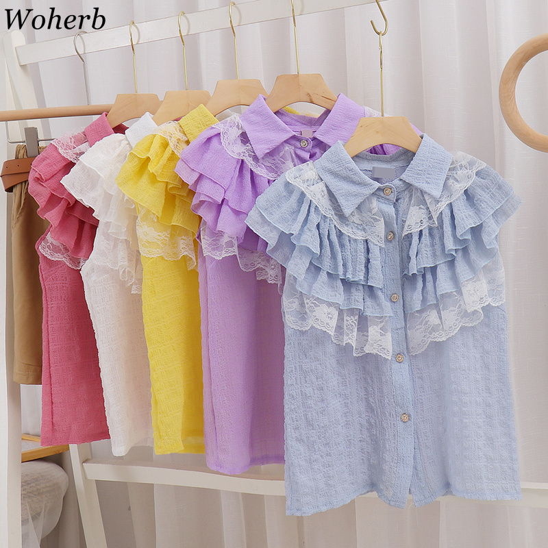 Ruffles Stylish Women Blouses Tops Sleeveless Elegant Lace Top Korean Ladies Chic Summer Blusas Shirts Femme 210519