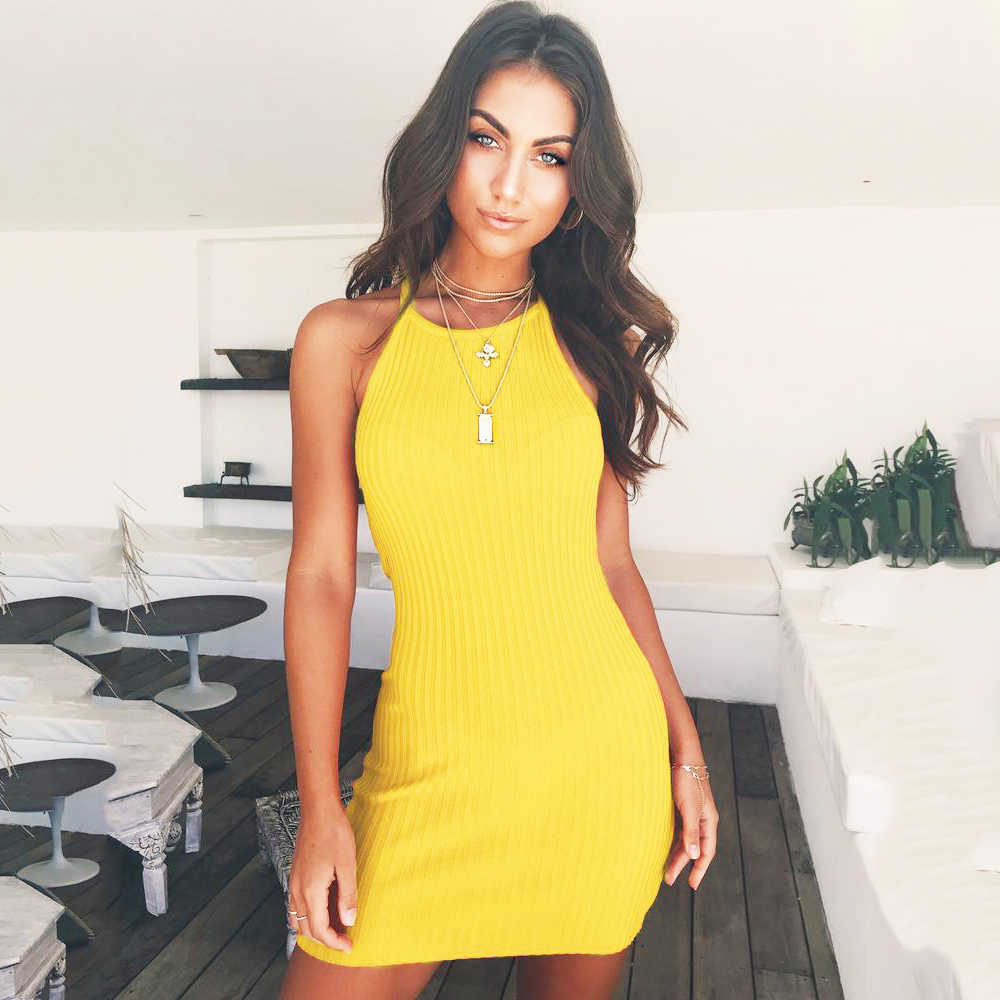 Sexy Club Backless Spaghetti Strap Summer Dress Cotton Ladies Elastic Bodycon Black Yellow Party Mini Dresses 210630