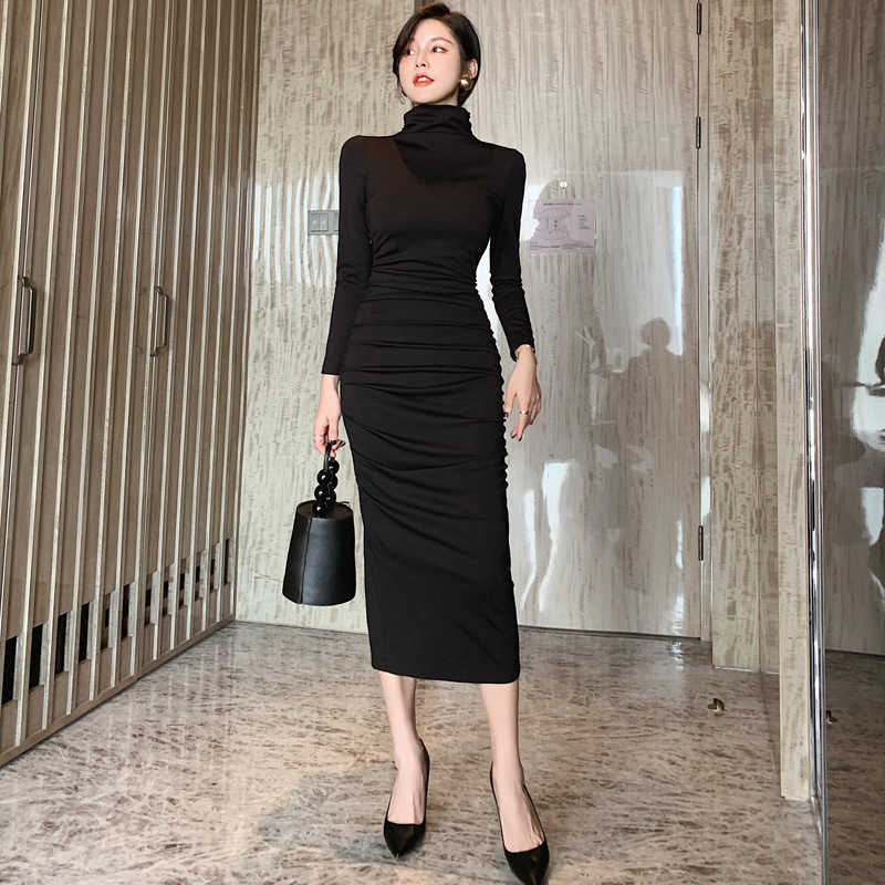 Spring Dress Solid Black Ruched Turtleneck Midi Party Fashion Slim Elegant es Vestidos Female 210608