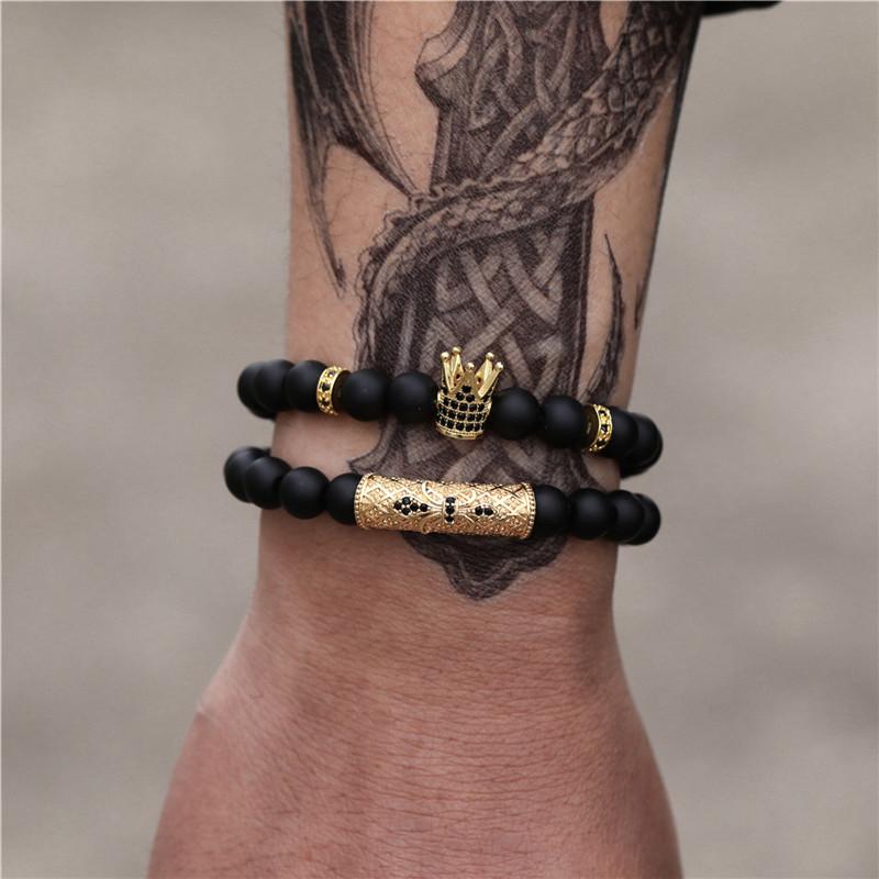 Charm Bracelets 2021 2pcs/set CZ Crown Bracelet Men Braclet Kinds Black Matte Stone Bead For Mens Hand Jewelry