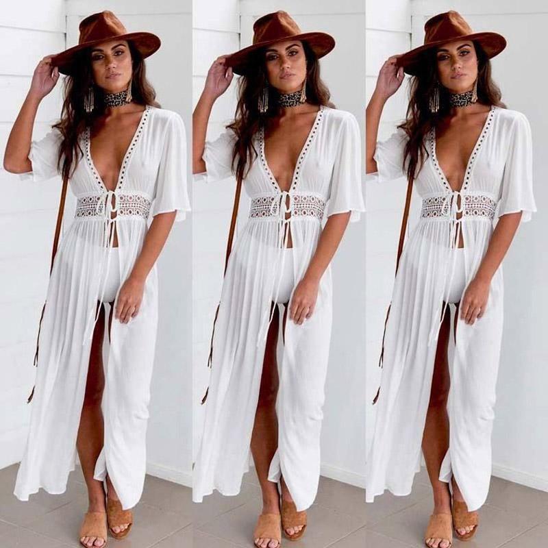 Women Beach Cover Up Tunic Lace White Long Pareos Bikini Sarong Bathing Suit Kaftan Dress Beachwear Women's Swimwear