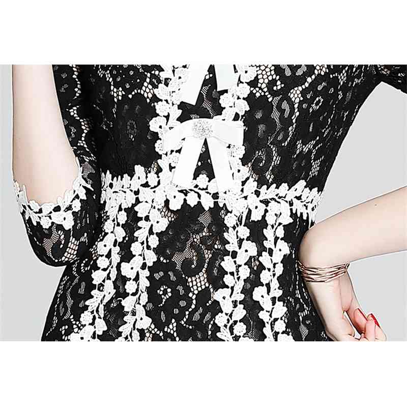 Elegant Black Lace Dress Women Spring Half Sleeve Long es Bow Diamond Patchwork Summer Vestidos 210520