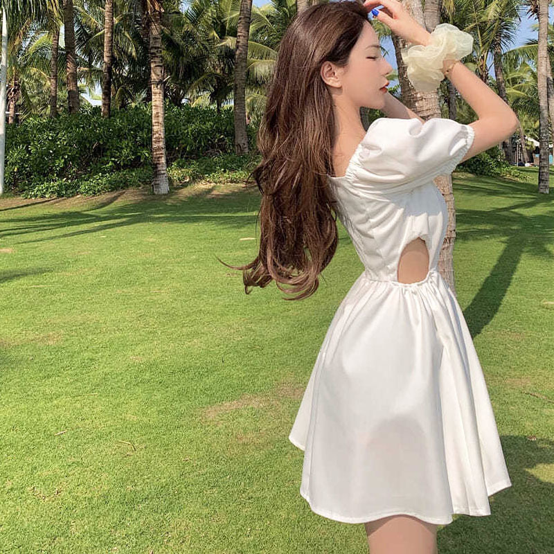 Summer Short Sleeve White Elegant Dress Women Square Collar Mini Dress Evening Party Dress for Females Korean Style Chic 210521