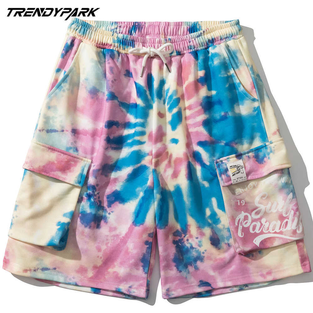Short Tie-dye Swirl Print Hip Hop Oversize Big Pockets Polyester Streetwear Harajuku Drawstrings Casual Summer Short for Men 210601