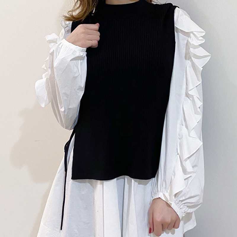 Spring Office Lady 2 Pcs Women Set Elegant Long Sleeve Ruffles Draped Shirt + O Neck Sleeveless Knit Vest Loose Suit 210525