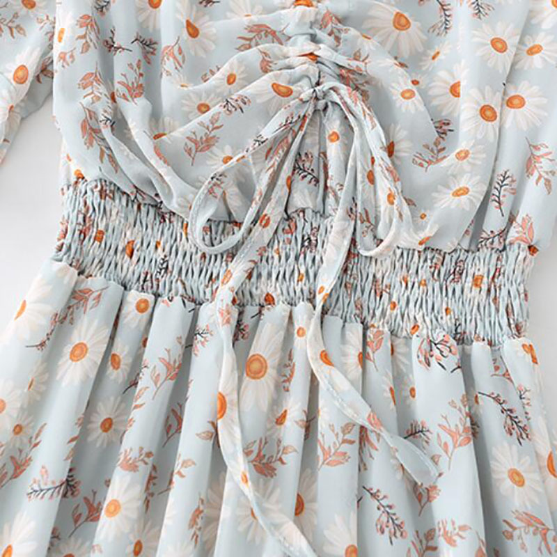 Summer Chiffon Long Dress Women Elegant V-Neck print Floral Dresses Elastic waist Slim Sweet Ruffles Dress Vestido 210521